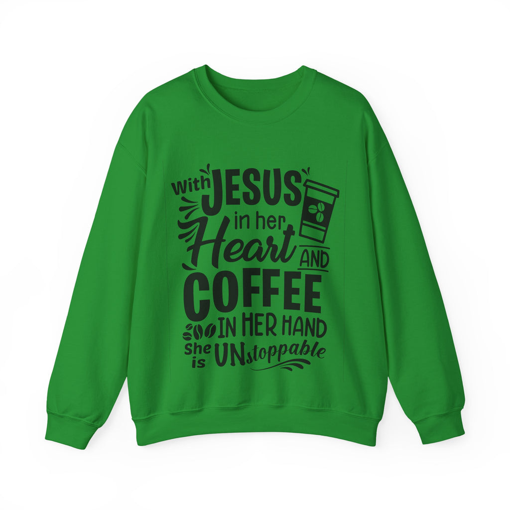 With Jesus In Her Heart And Coffee In Her Hand Unisex Heavy Blend Crewneck Sweatshirt
