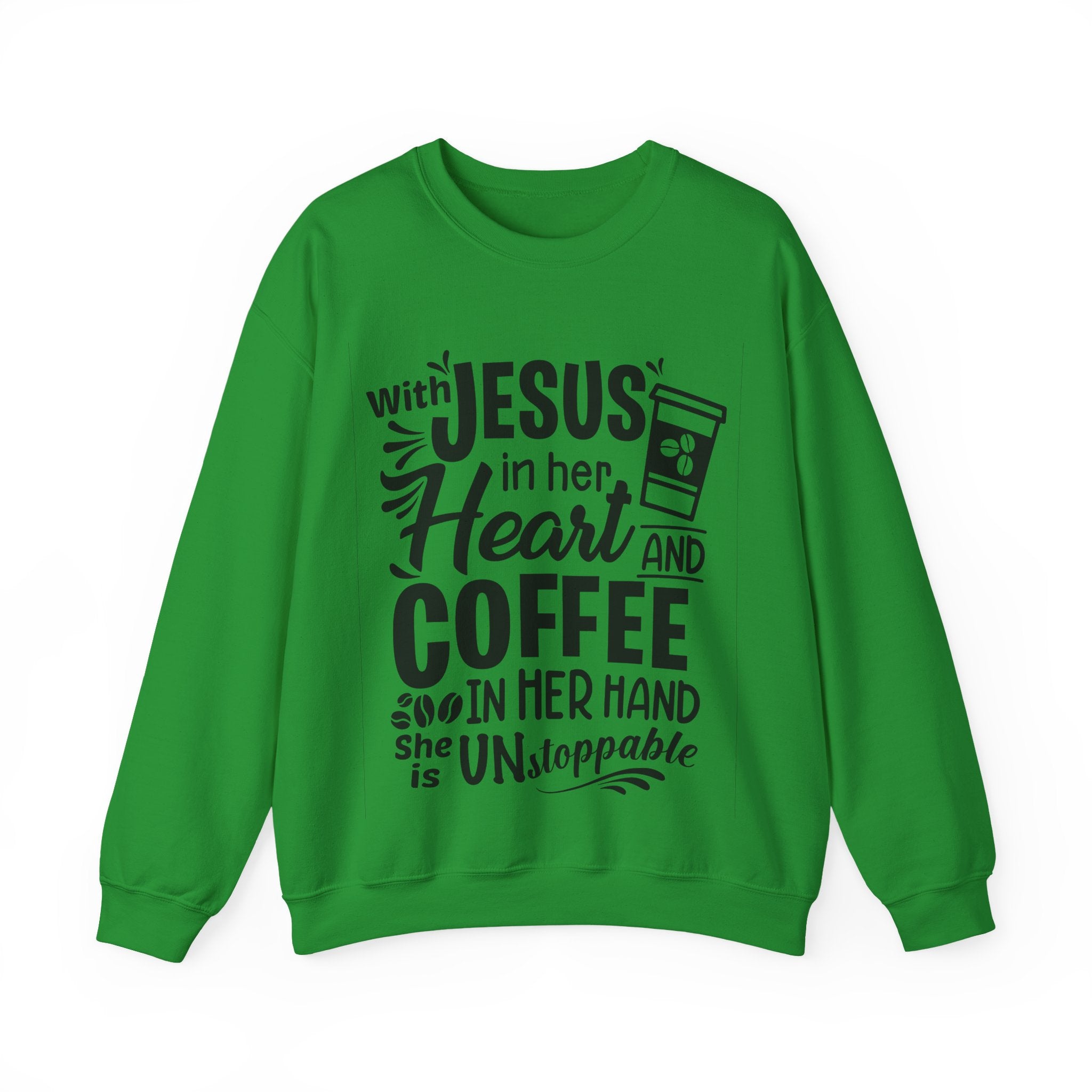 With Jesus In Her Heart And Coffee In Her Hand Unisex Heavy Blend Crewneck Sweatshirt