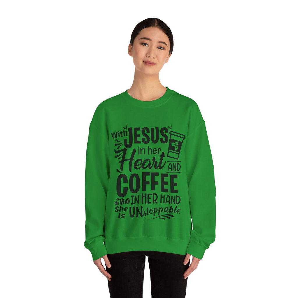 With Jesus In Her Heart And Coffee In Her Hand Unisex Heavy Blend Crewneck Sweatshirt