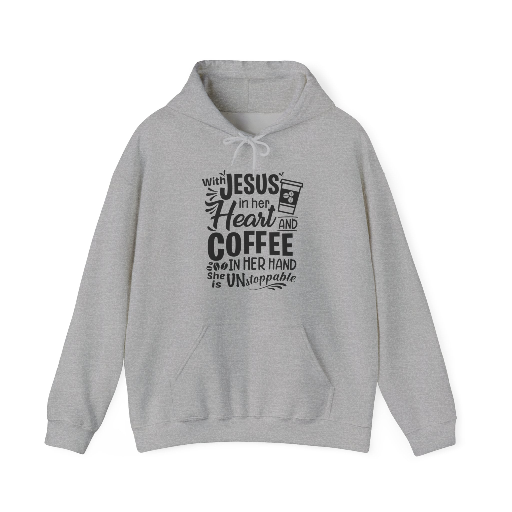 With Jesus In Her Heart And Coffee In Her Hand Unisex Heavy Blend Hooded Sweatshirt