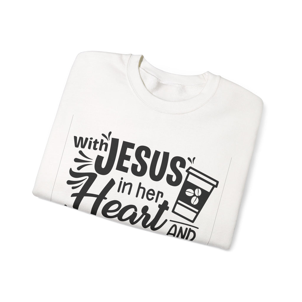 With Jesus In Her Heart And Coffee In Her Hand Unisex Heavy Blend Crewneck Sweatshirt