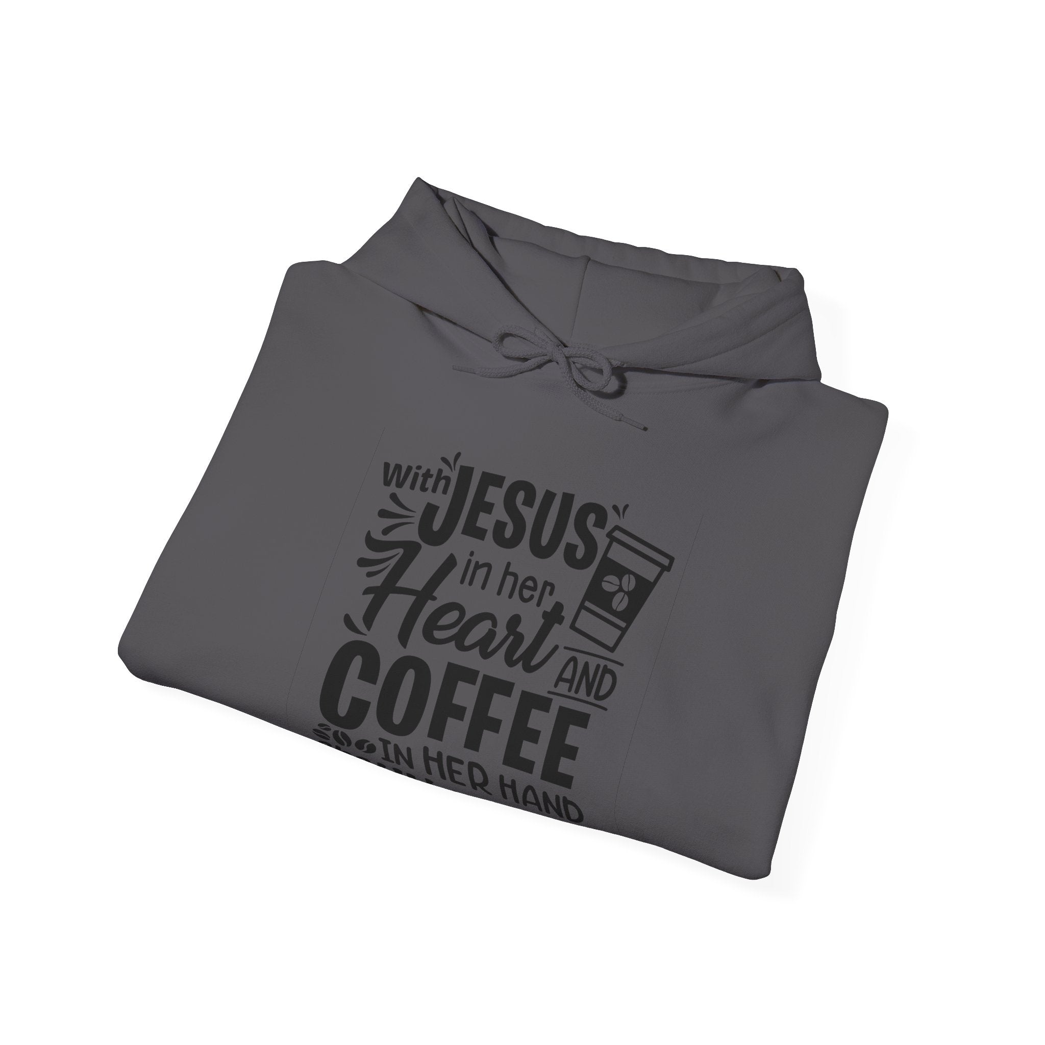 With Jesus In Her Heart And Coffee In Her Hand Unisex Heavy Blend Hooded Sweatshirt