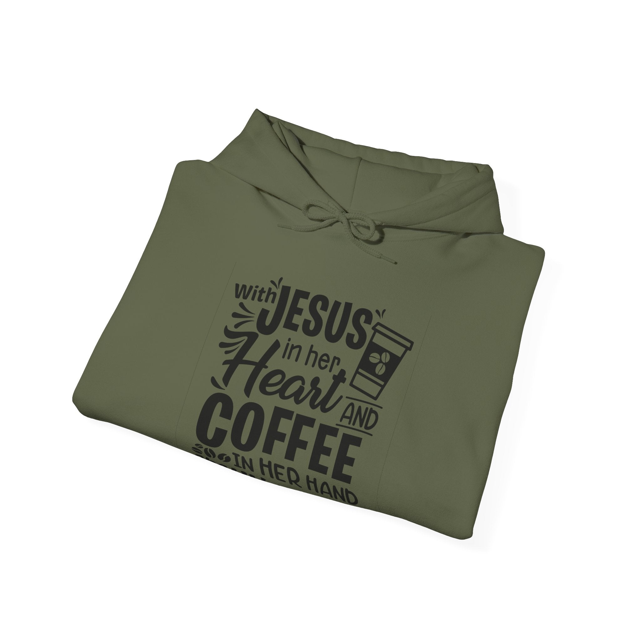 With Jesus In Her Heart And Coffee In Her Hand Unisex Heavy Blend Hooded Sweatshirt