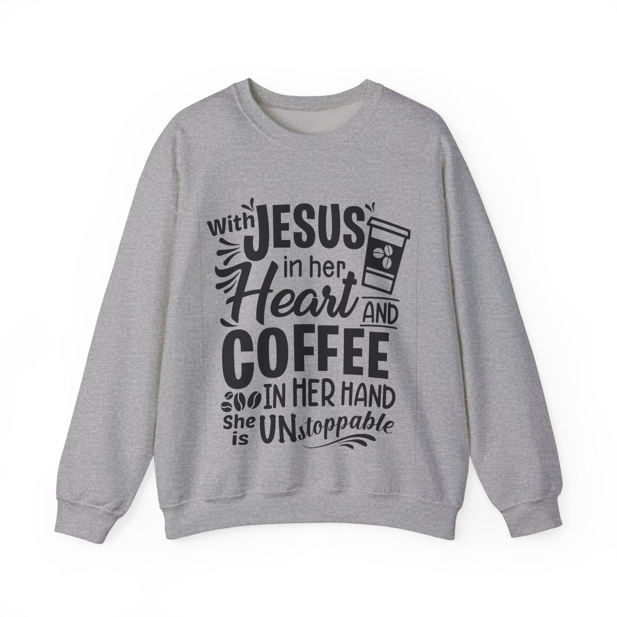 With Jesus In Her Heart And Coffee In Her Hand Unisex Heavy Blend Crewneck Sweatshirt
