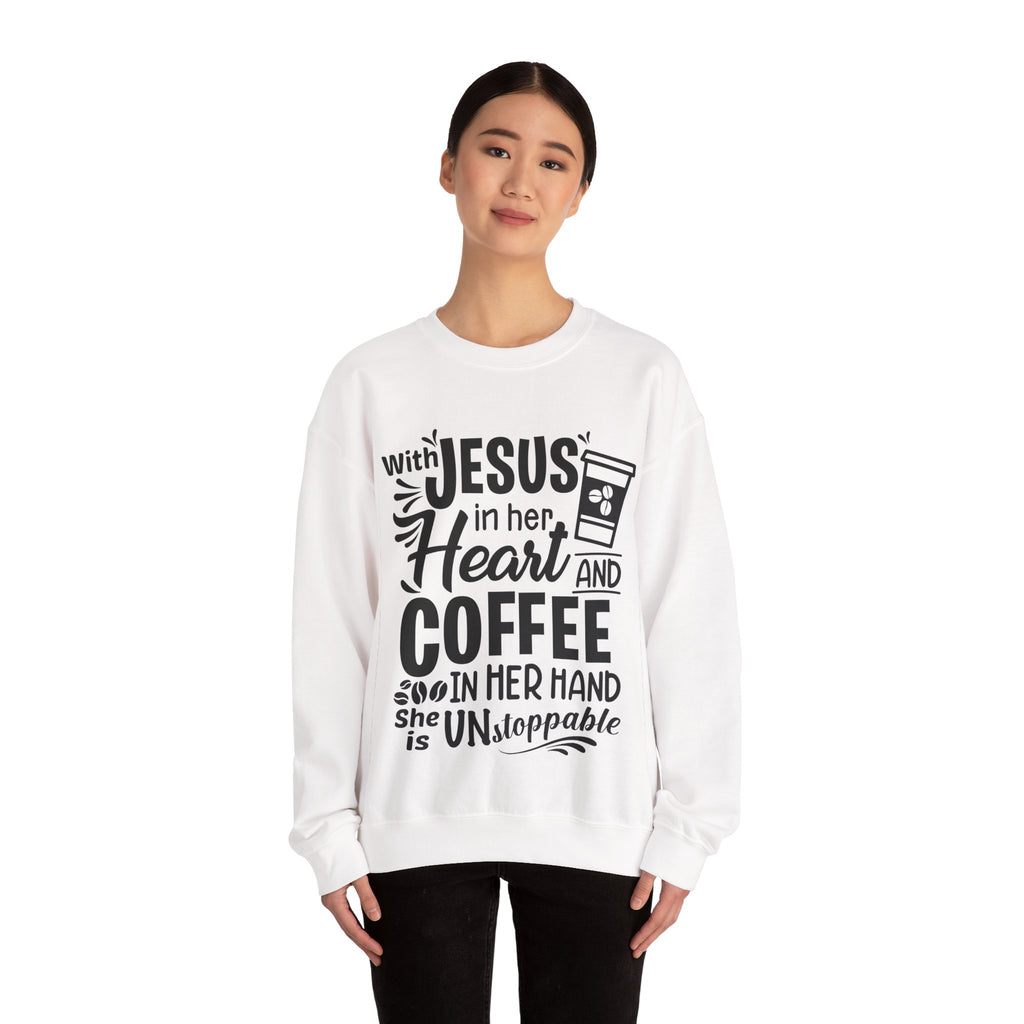 With Jesus In Her Heart And Coffee In Her Hand Unisex Heavy Blend Crewneck Sweatshirt