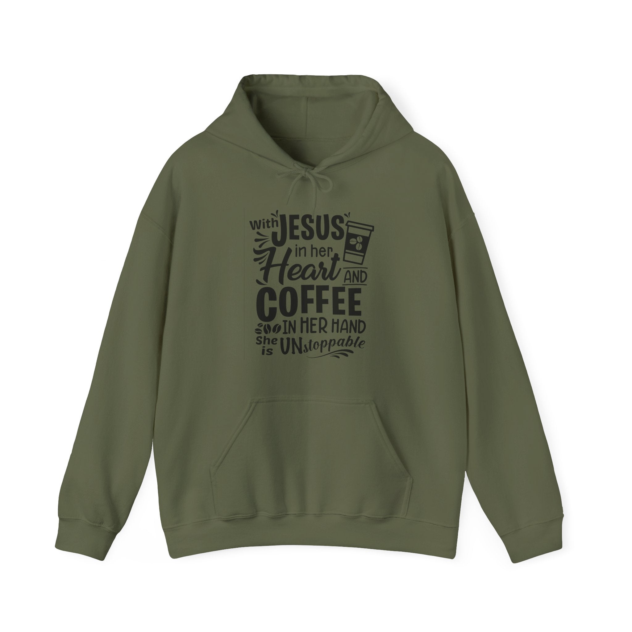 With Jesus In Her Heart And Coffee In Her Hand Unisex Heavy Blend Hooded Sweatshirt