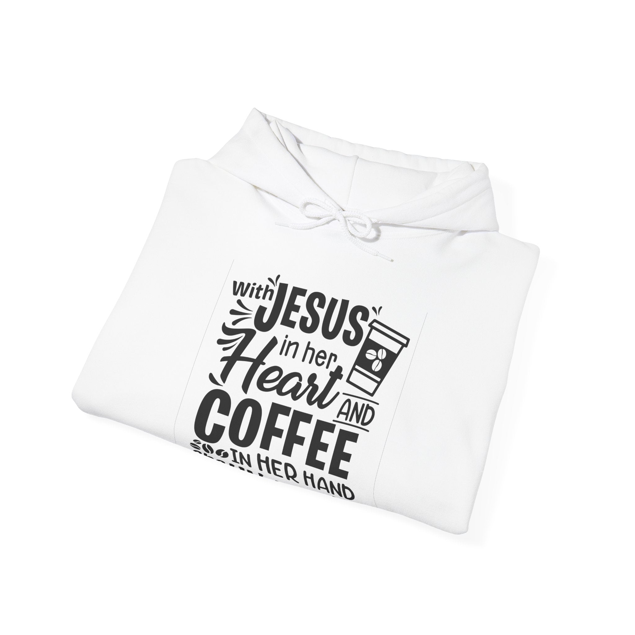 With Jesus In Her Heart And Coffee In Her Hand Unisex Heavy Blend Hooded Sweatshirt