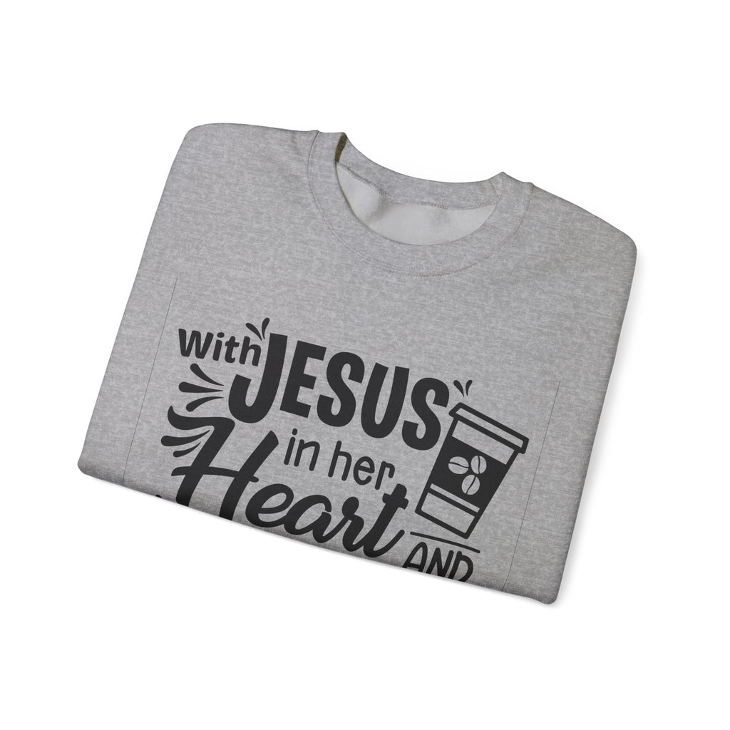 With Jesus In Her Heart And Coffee In Her Hand Unisex Heavy Blend Crewneck Sweatshirt
