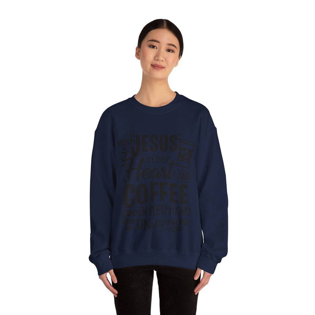 With Jesus In Her Heart And Coffee In Her Hand Unisex Heavy Blend Crewneck Sweatshirt