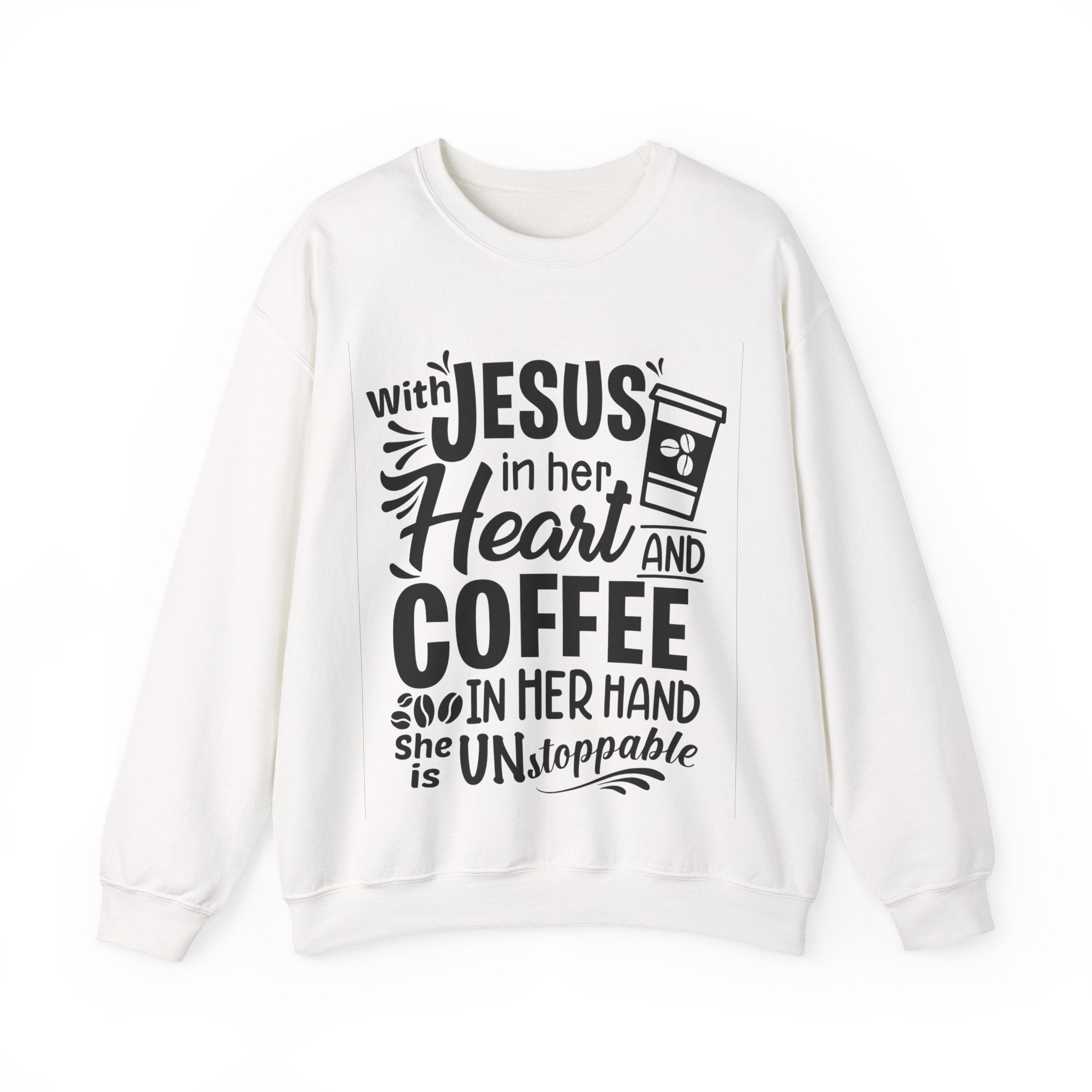 With Jesus In Her Heart And Coffee In Her Hand Unisex Heavy Blend Crewneck Sweatshirt